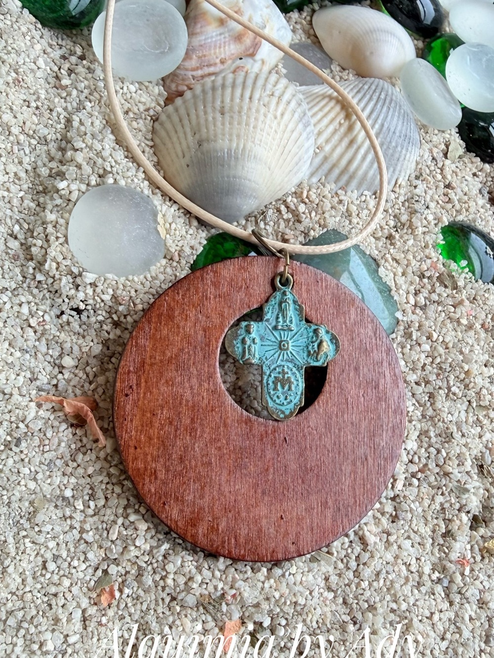 Fall essentials Brown Wood Pendant with Patina Green Cross Charm
